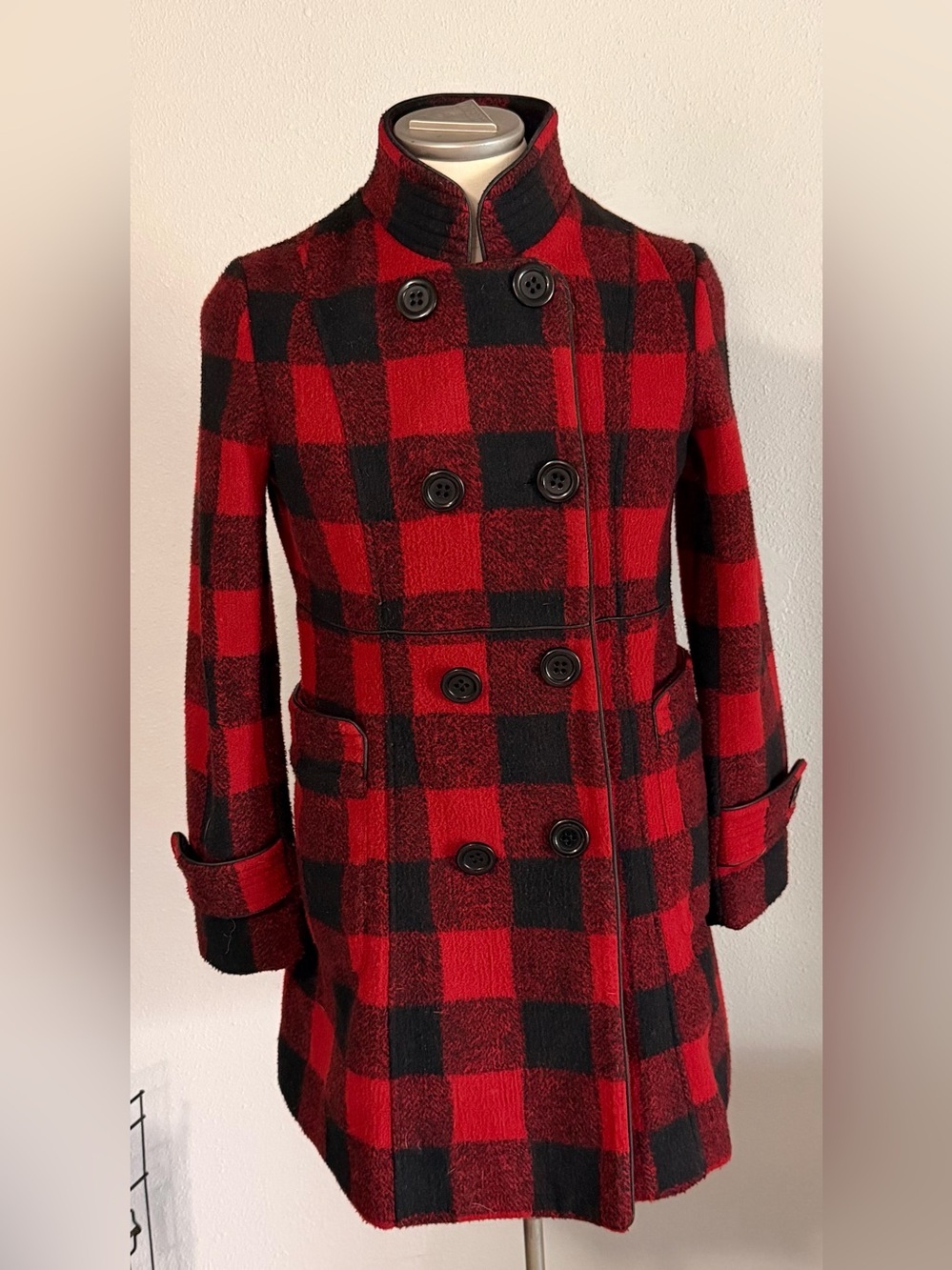 Tasha Polizzi Red and Black Buffalo Plaid Double-Breasted Pea Coat Medium